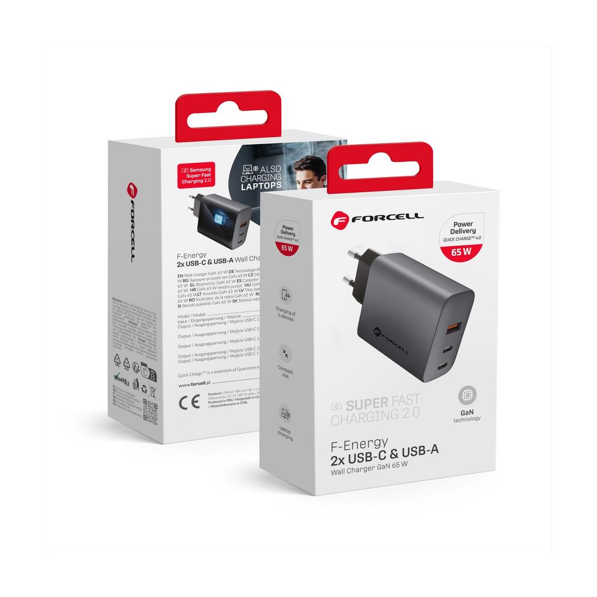 Ładowarka sieciowa do telefonu Forcell F-Energy GaN 2 x USB C + USB A QC4.0 PD 4A 65W VT-42B szara