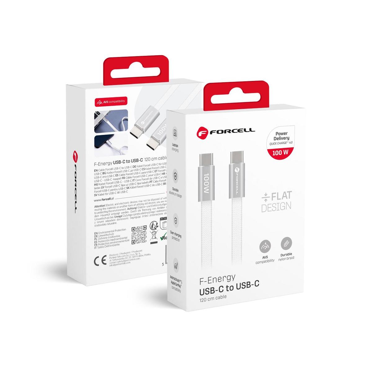 Kabel USB C do USB C Forcell F-Energy QC4.0 PD 5A 100W Cafule Flat 1,2 m CCFN23 biały