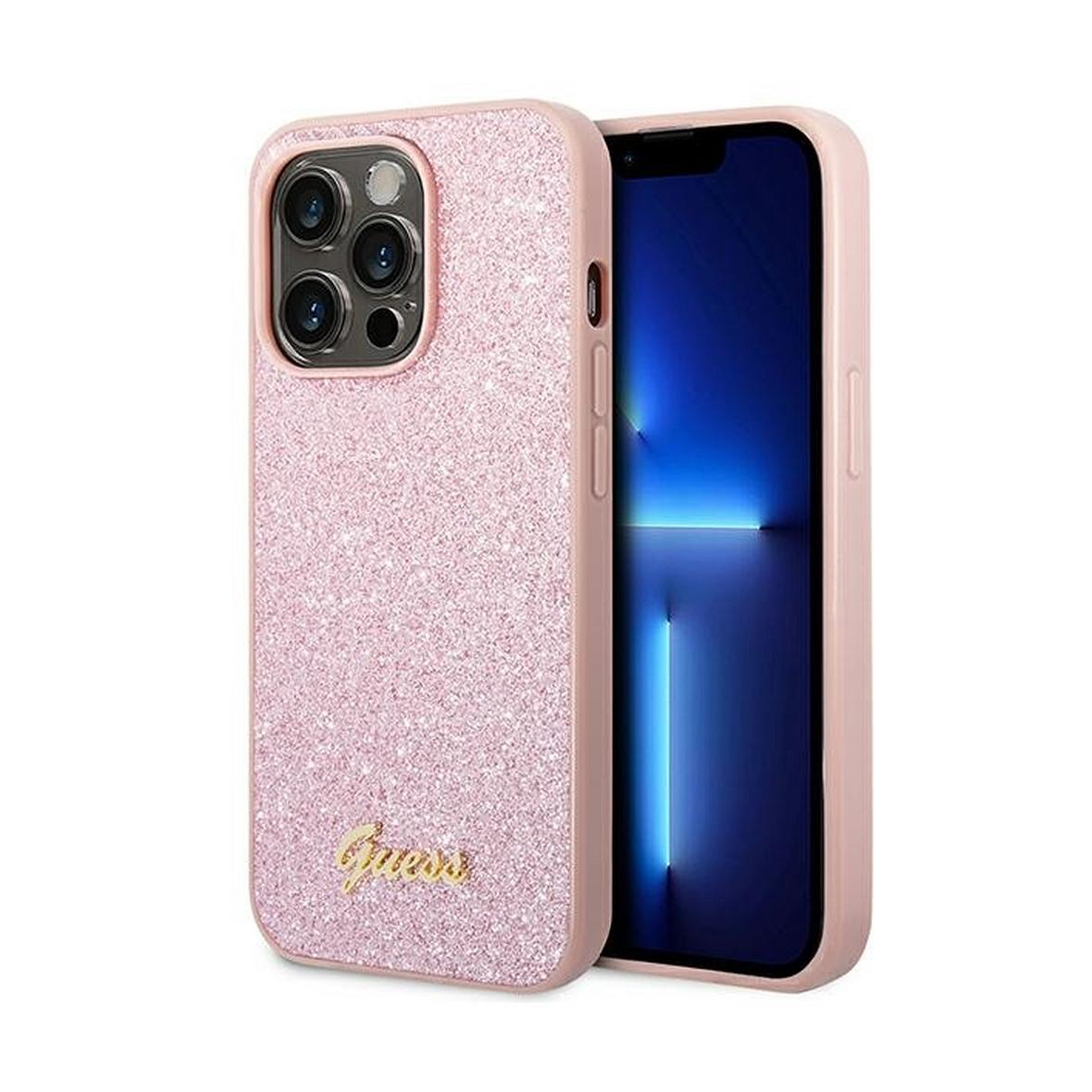 GUESS futerał do IPHONE 14 Pro GUHCP14LHGGSHP (Glitter Flakes Script Metal Logo) różowy