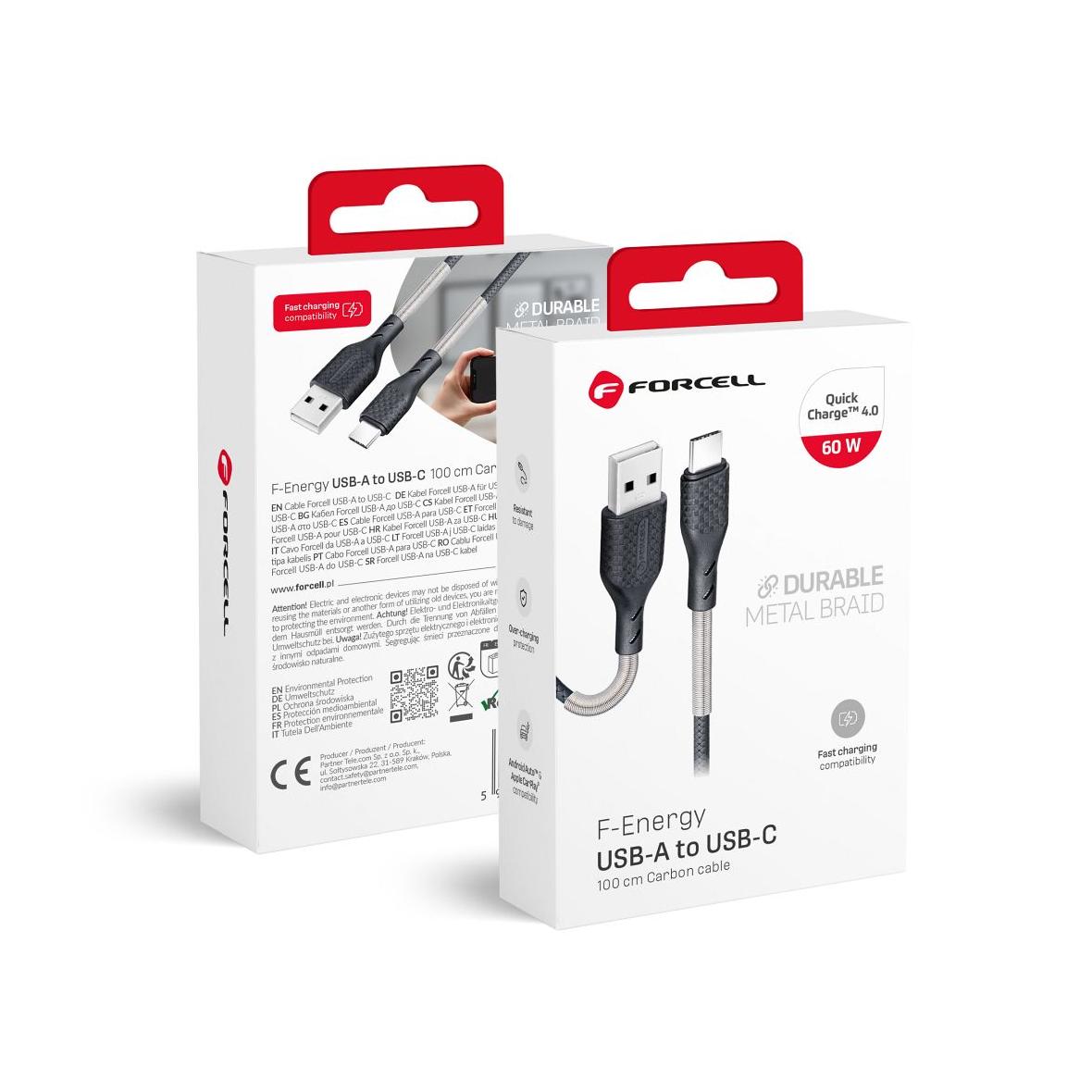 Kabel USB A do USB C Forcell F-Energy QC4.0 5A 60W Carbon 1 m CB-02A czarny