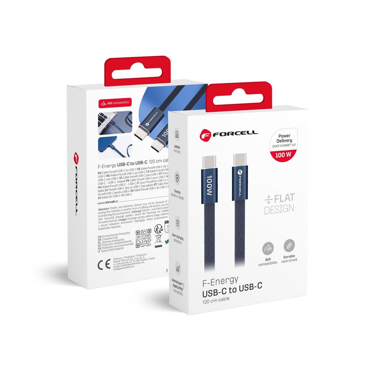Kabel USB C do USB C Forcell F-Energy QC4.0 PD 5A 100W Cafule Flat 1,2 m CCFN23 granatowy