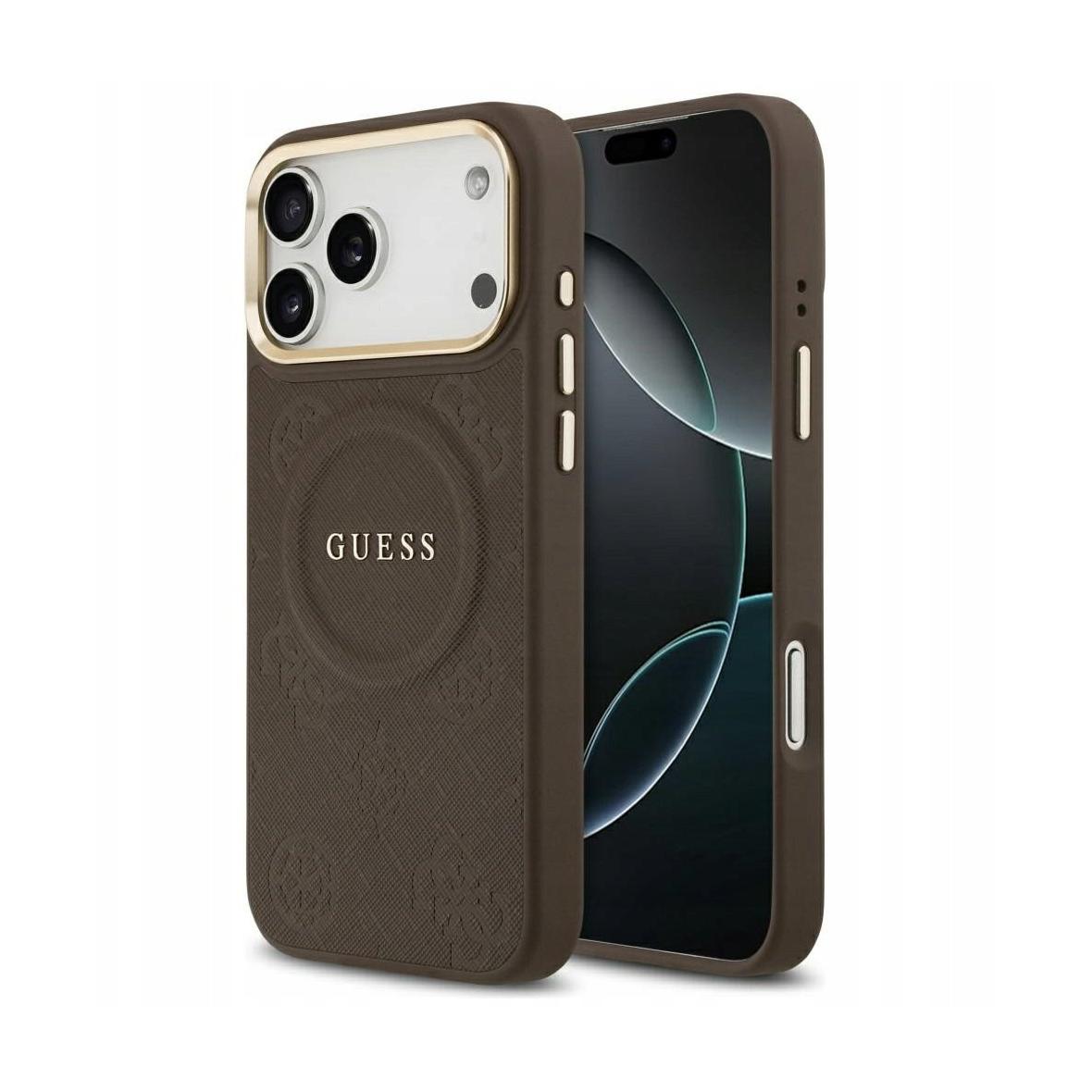 GUESS futerał do IPHONE 17 Pro Max kompatybilny z MagSafe GUHMP17XPSAMSECW (PU W/ Peony Hot Stamp) brązowy