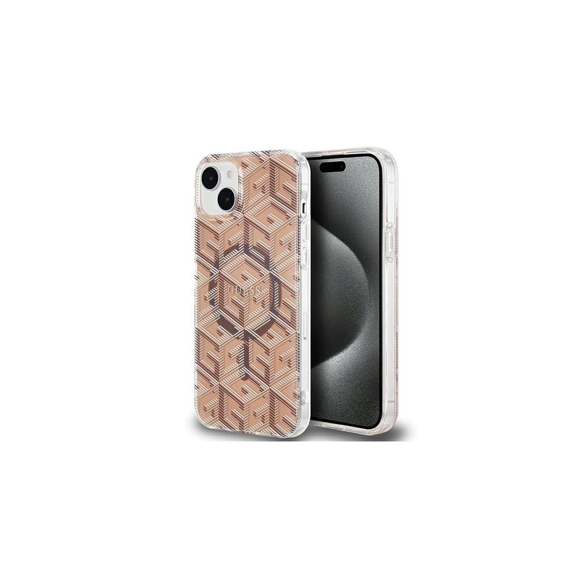 GUESS futerał do IPHONE 15 kompatybilny z MagSafe GUHMP15SHGCUSTGW (IML GCUBE) brązowy
