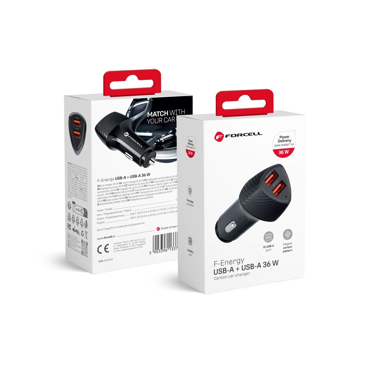 Ładowarka samochodowa Forcell F-Energy Carbon 2 x USB A QC3.0 3A 36W CC50-2A czarna