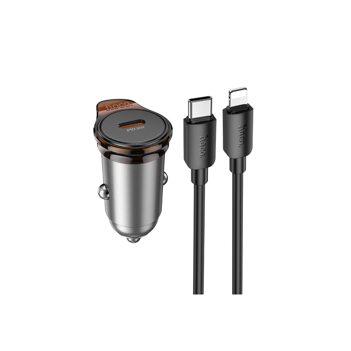 Ładowarka samochodowa Hoco USB C QC PD 30W + kabel USB C do Lightning NZ16 szara