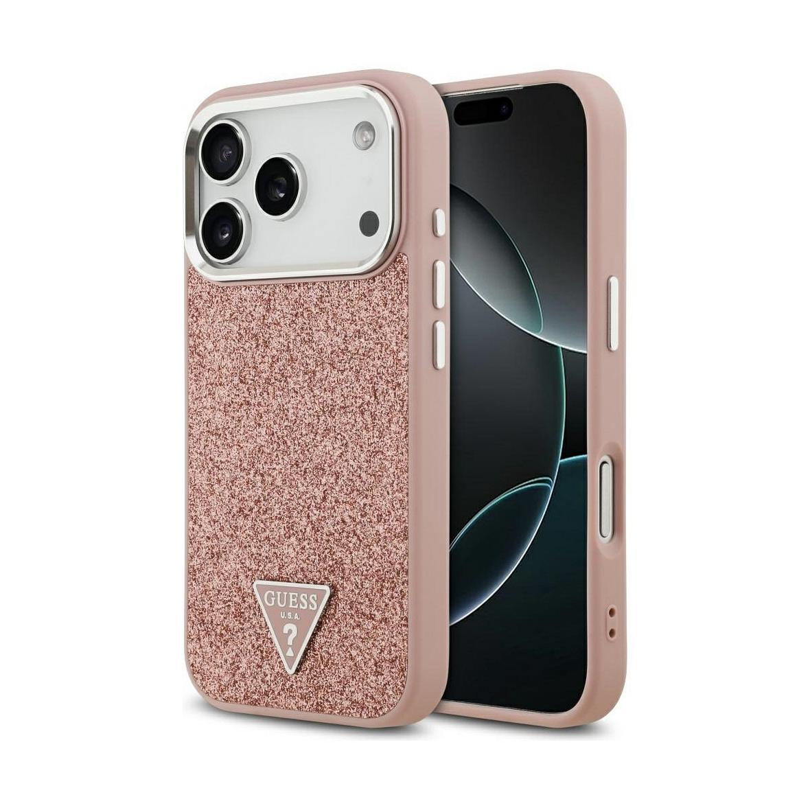 GUESS futerał do IPHONE 17 Pro kompatybilny z MagSafe GUHMP17LPFGTSCMP (PU Glitter W/ Triangle Logo) różowy