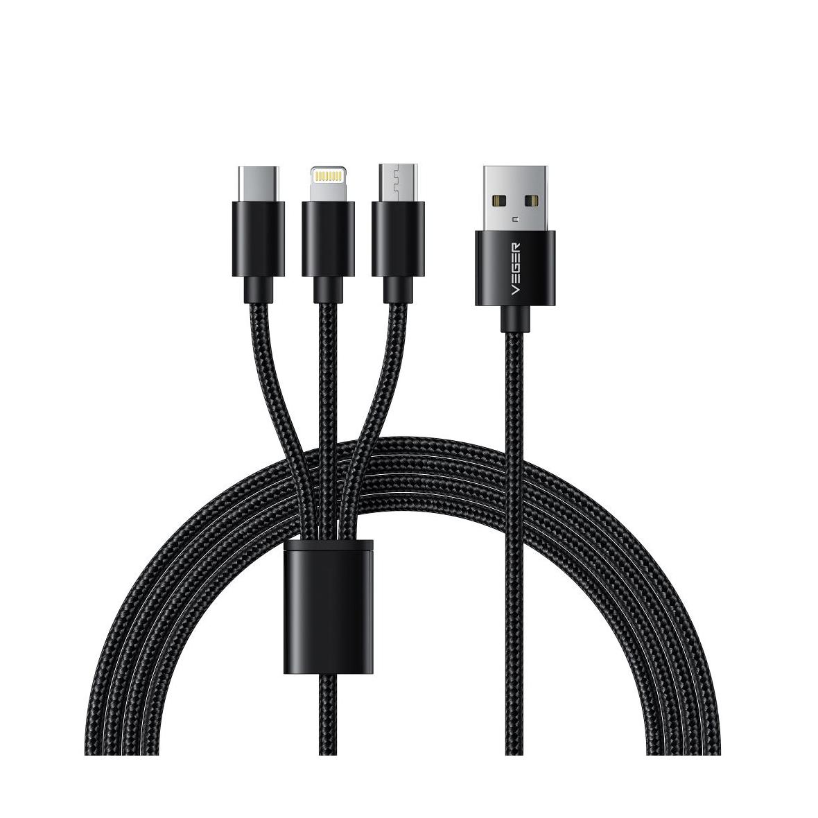 Kabel 3w1 USB A do Lightning / Typ C / Micro USB VEGER 2A 12W V303 1,2 m czarny