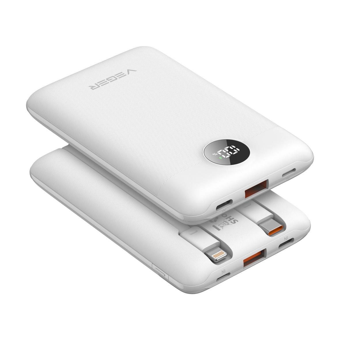 Powerbank Veger C11 (W1170) PD QC3.0 2A 22,5W 10000 mAh z wbudowanymi kablami USB C / Lightning biały 0INT
