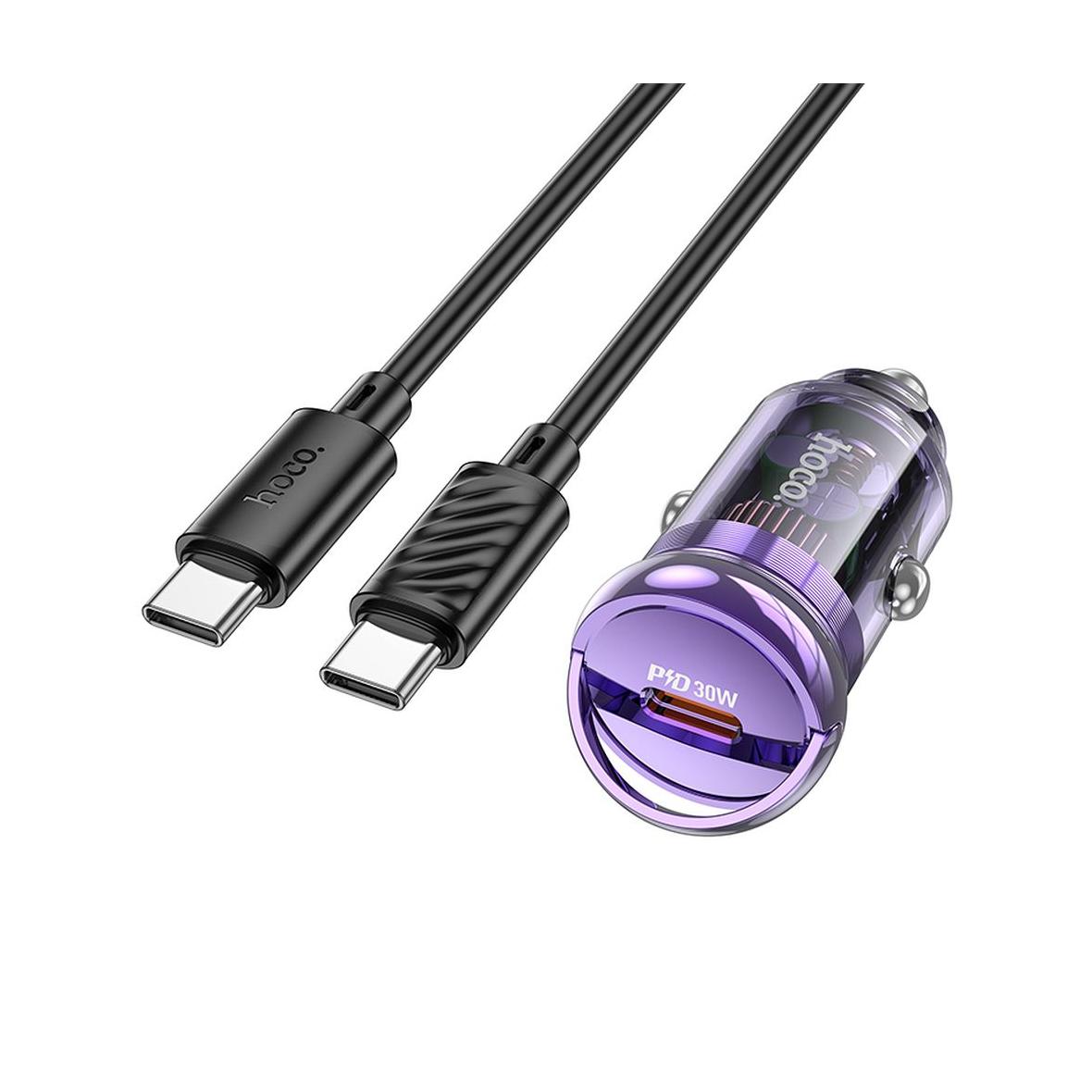 Ładowarka samochodowa Hoco USB C + kabel USB C do USB C QC3.0 PD 30W Z53 fioletowa