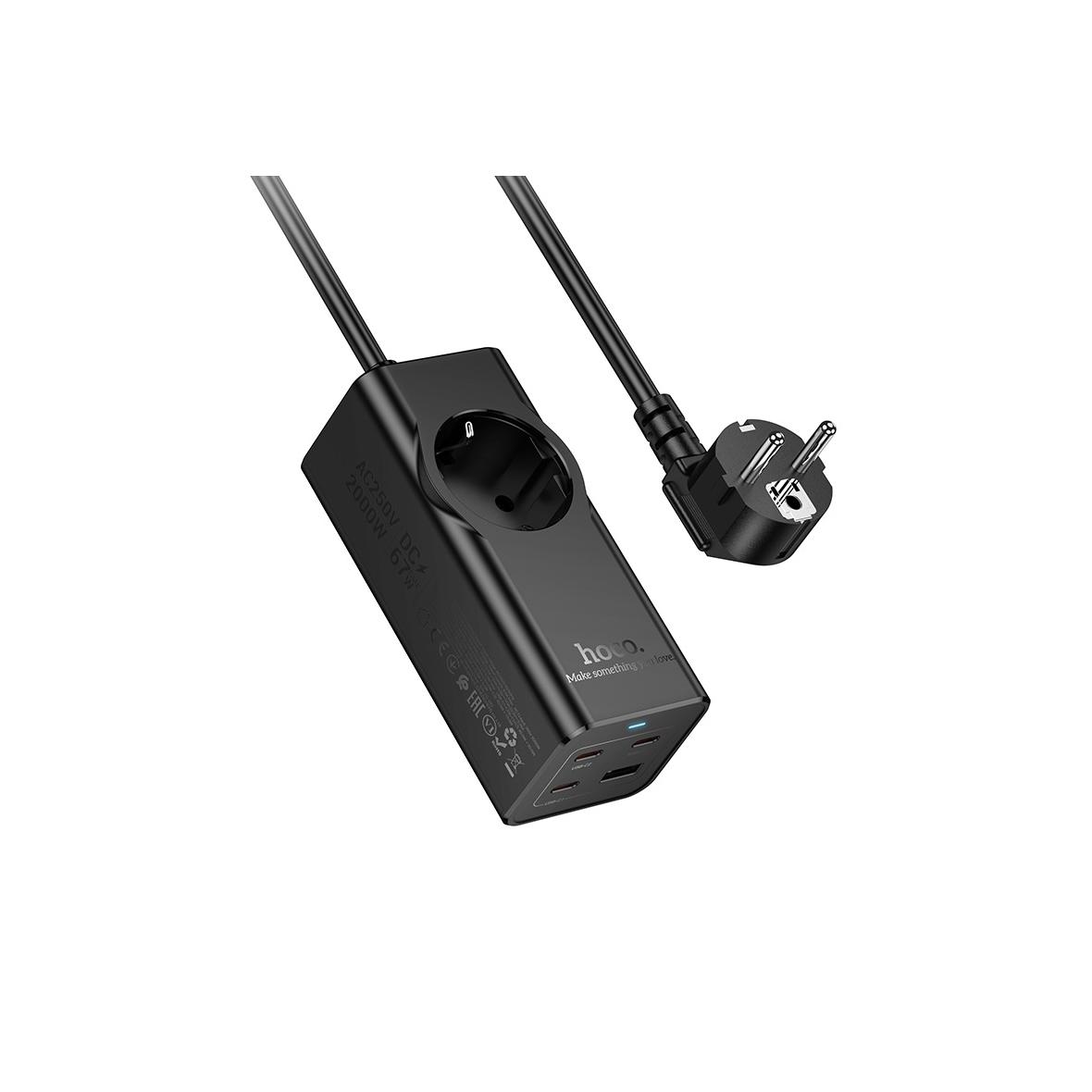Przedłużacz 2 m Hoco 1 gniazdo + USB A + 3 x USB C QC3.0 PD 3A 67W NS9 czarny
