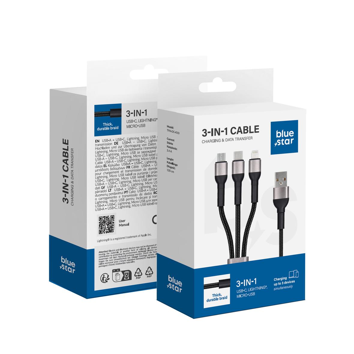 Kabel 3w1 USB A do Lightning / Micro USB / USB C Blue Star 2,4A z oplotem 1,2 m TFK-DC-010 czarny