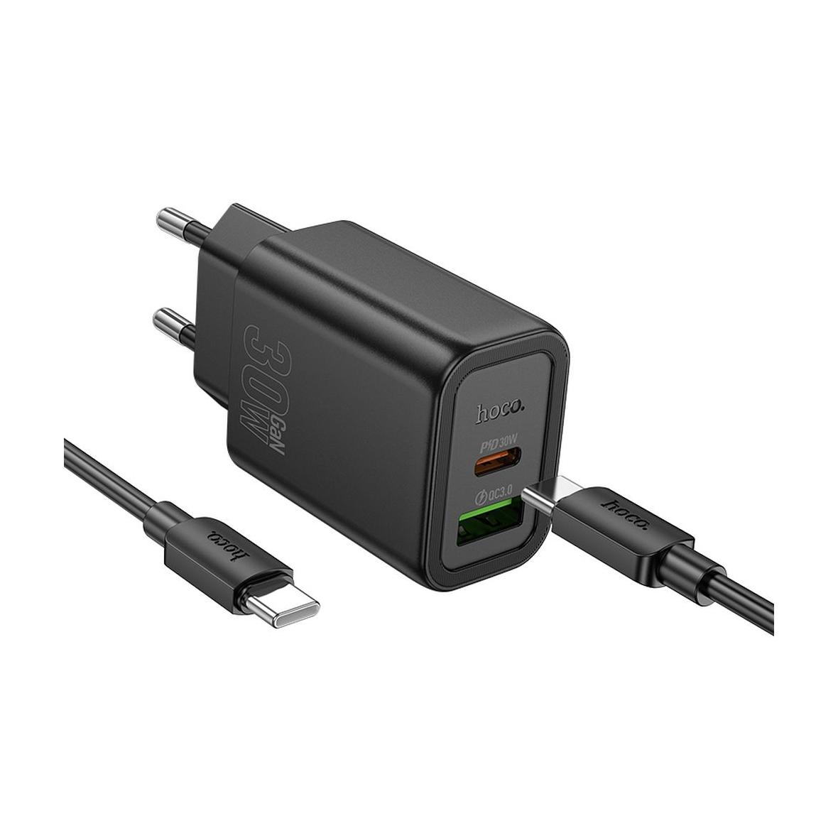 Ładowarka sieciowa do telefonu Hoco USB A + USB C QC3.0 PD 3A 30W + kabel USB C do USB C N63 czarna