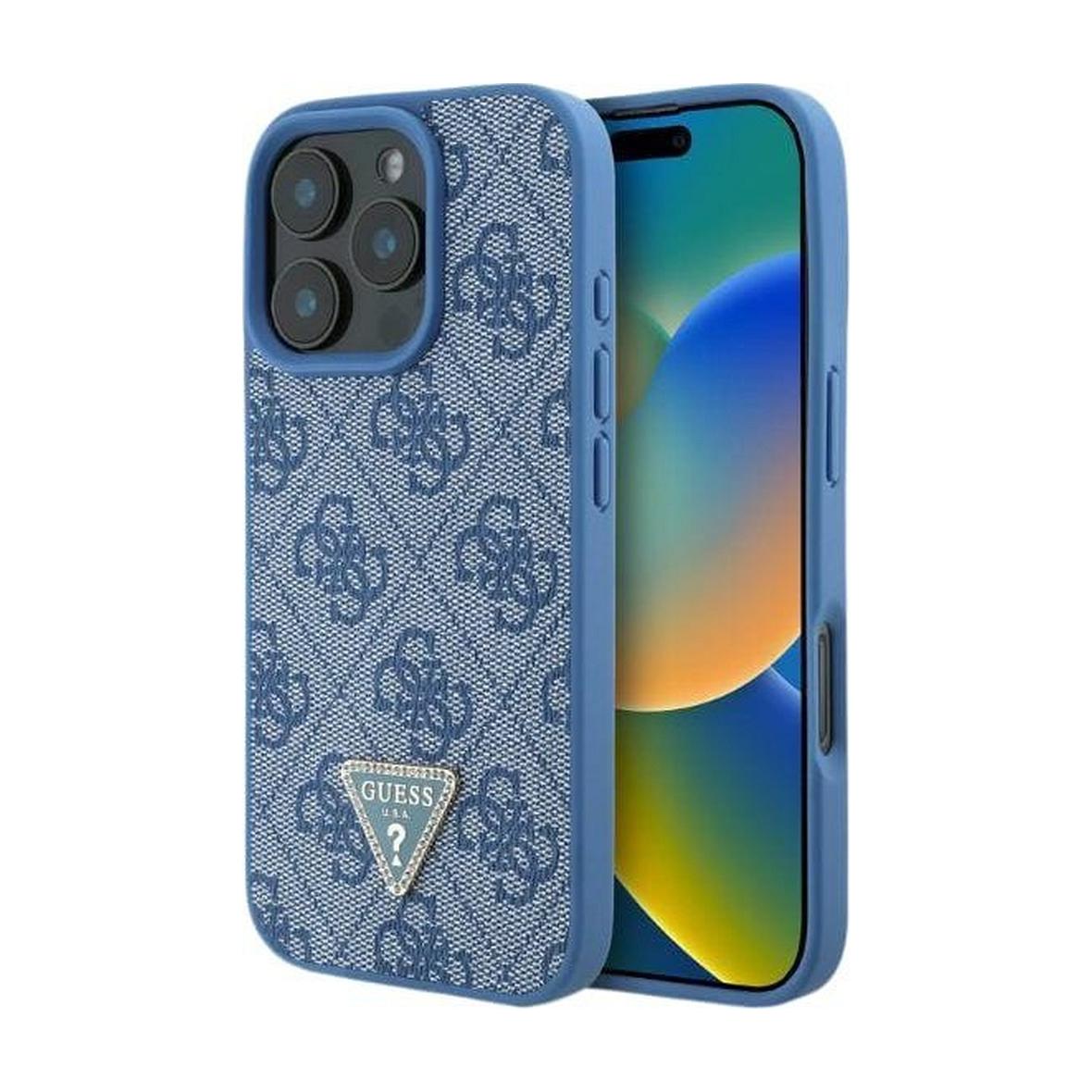 GUESS futerał do IPHONE 16 GUHCP16SP4TDPB (PU Leather 4G Triangle Strass) niebieski