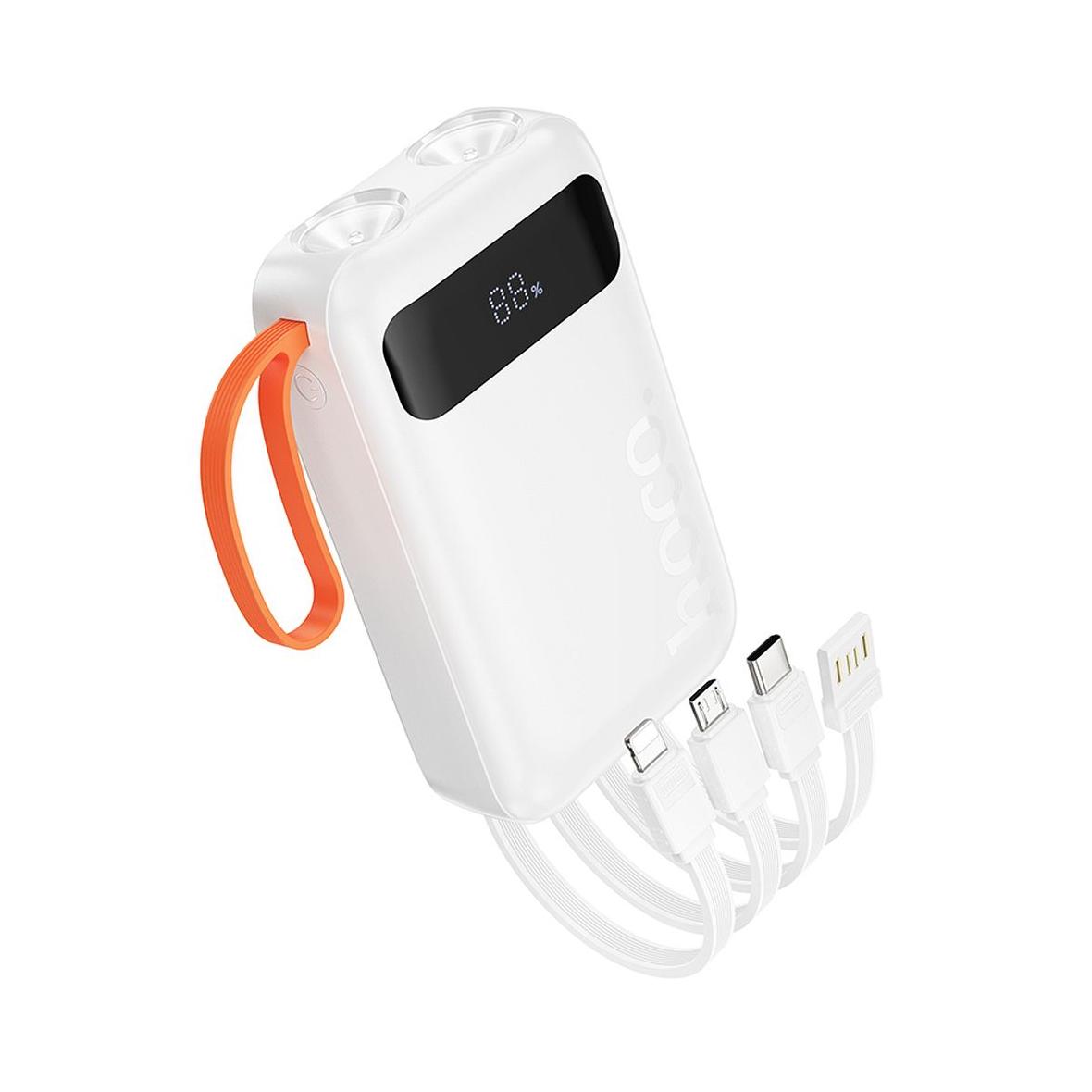 Powerbank Hoco 10000 mAh 2A z wbudowanymi kablami USB A + USB C + Lightning + Micro USB oraz podwójną latarką J151 biały