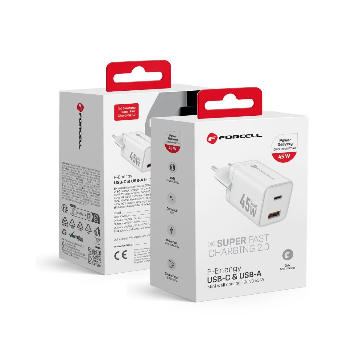 Ładowarka sieciowa do telefonu Forcell F-Energy Mini GaN III USB C + USB A PD QC4.0 45W VT-36 biała