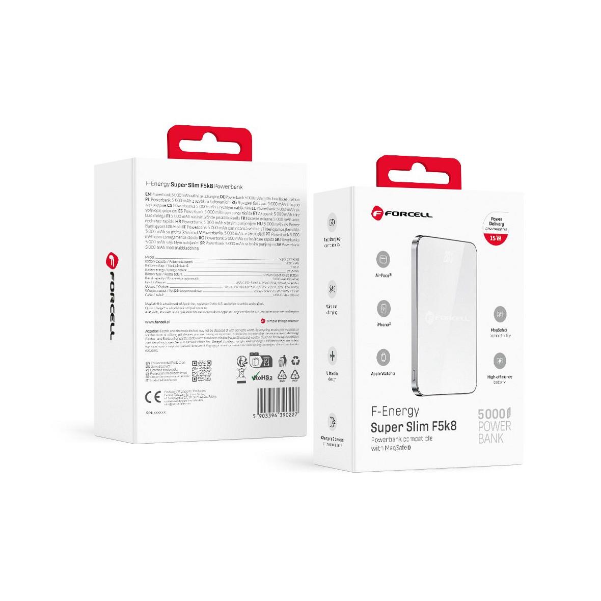 Powerbank zgodny z MagSafe Forcell F-Energy SuperSlim F5K8 QC4.0 PD3.0 15W 5000 mAh biały 0INT