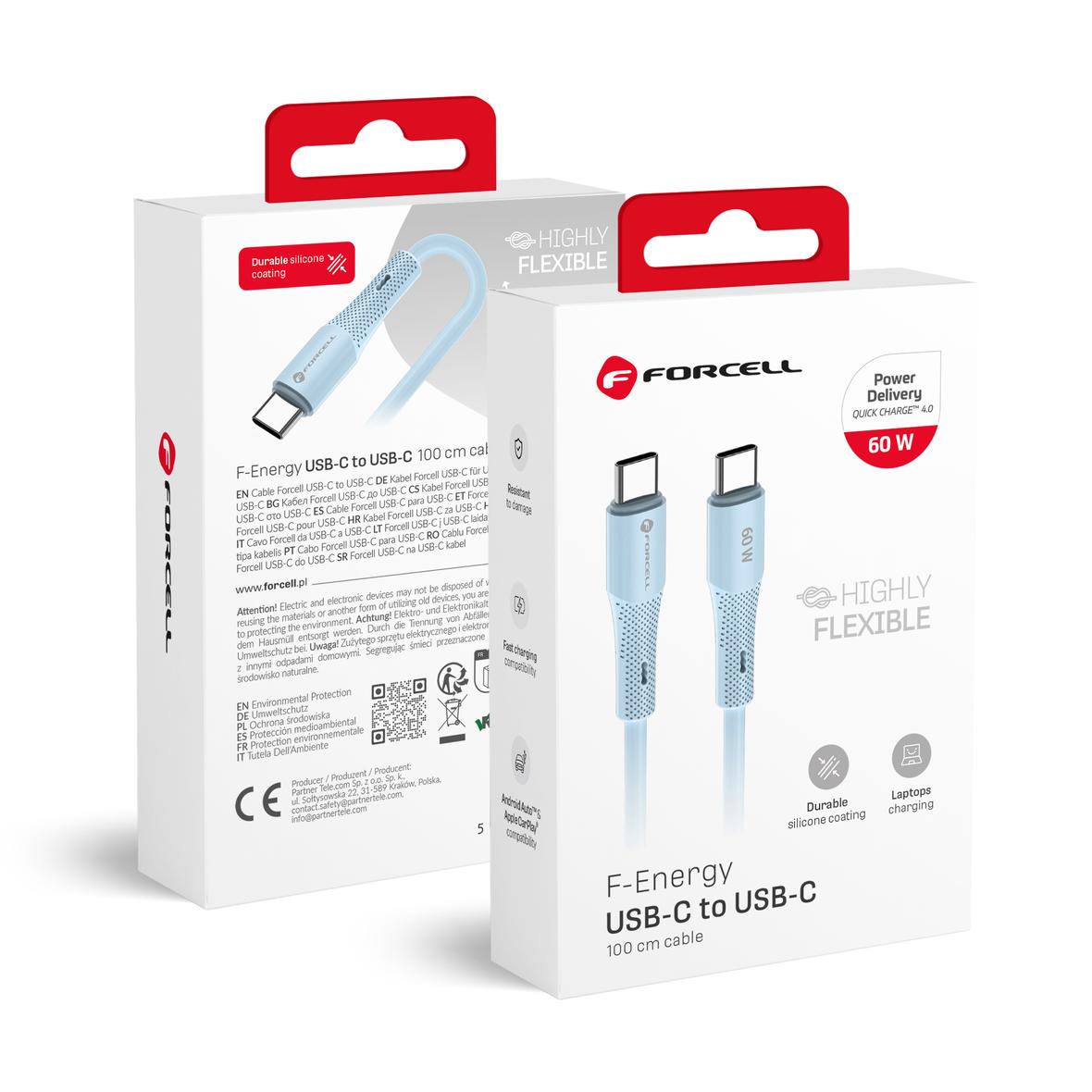 Kabel USB C do USB C Forcell F-Energy QC4.0 PD 3A 60W Silicone 1 m C344 niebieski