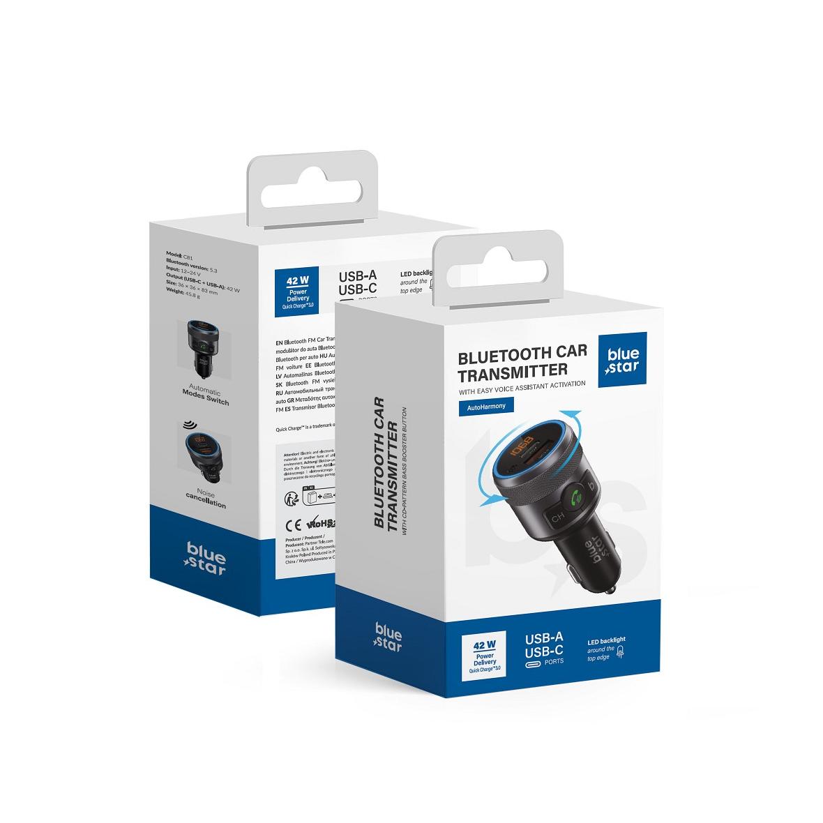 Transmiter samochodowy bluetooth Blue Star AutoHarmony QC3.0 PD 42W C81 szary