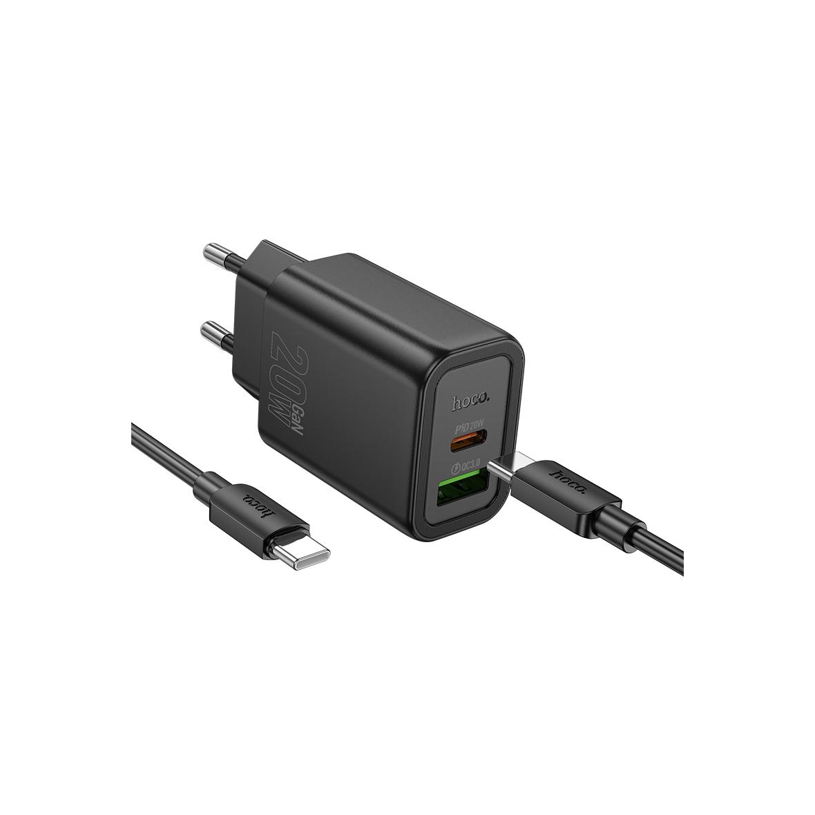 Ładowarka sieciowa do telefonu Hoco USB A + USB C QC3.0 PD 3A 20W + kabel USB C do USB C N61 czarna