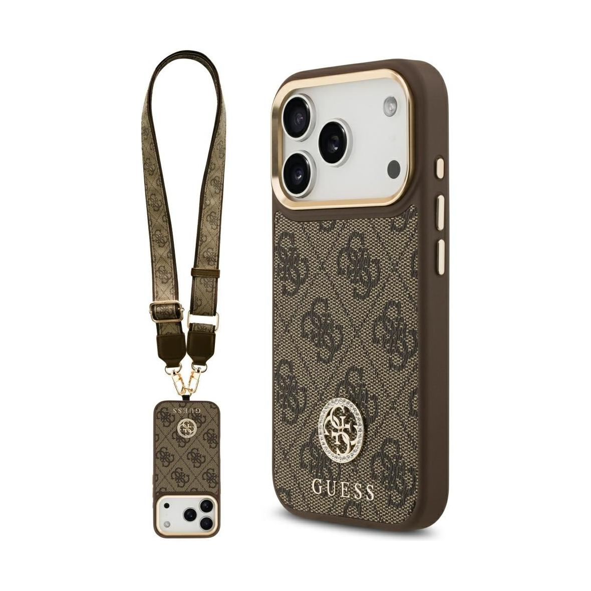 GUESS futerał do IPHONE 17 Pro kompatybilny z MagSafe GUHMP17LP4G4DCSW (PU W/ Strass Logo & Big Strap Metal Buttons) brązowy