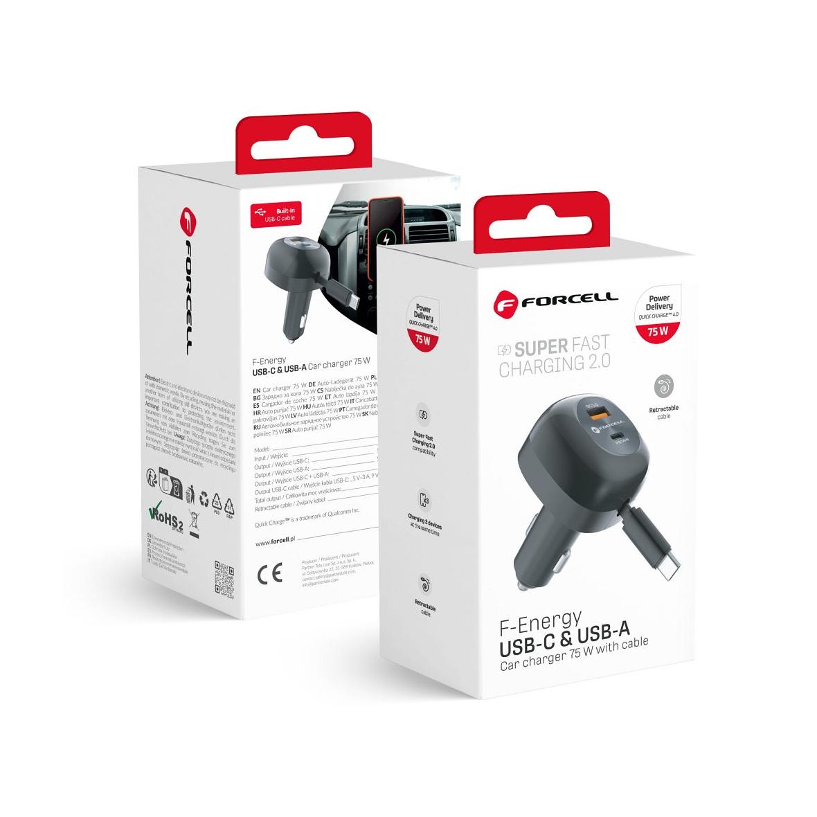 Ładowarka samochodowa Forcell F-Energy Alu USB C + USB A + zwijany kabel USB C PD QC4.0 SFC2.0 3A 75W czarna