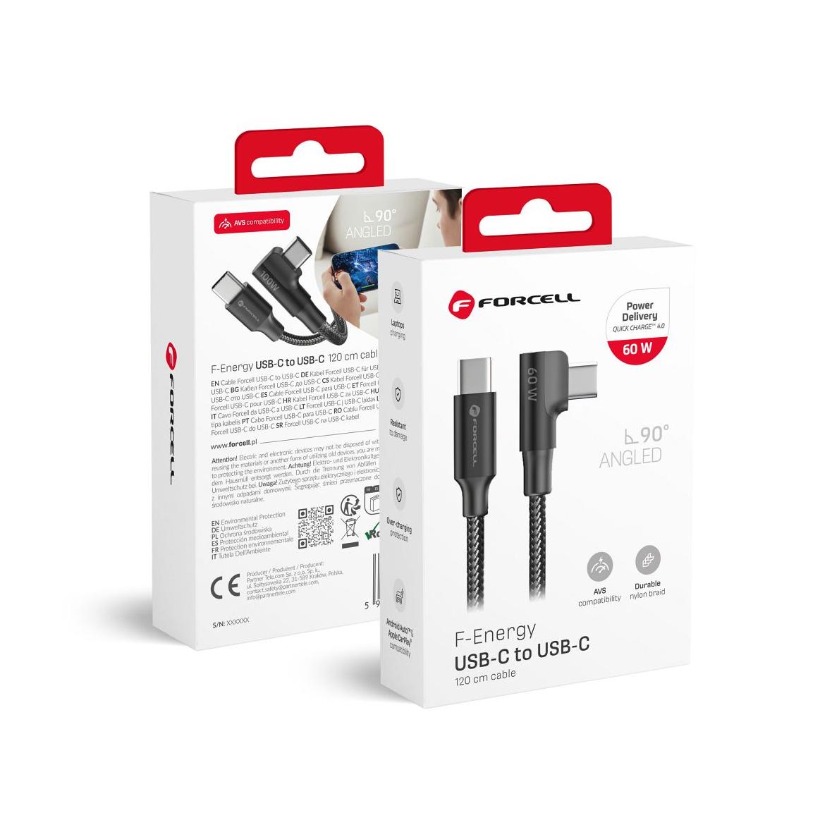 Kabel USB C do USB C Forcell F-Energy QC4.0 PD 5A 100W Cafule 90° 2 m CC-1Deg czarny