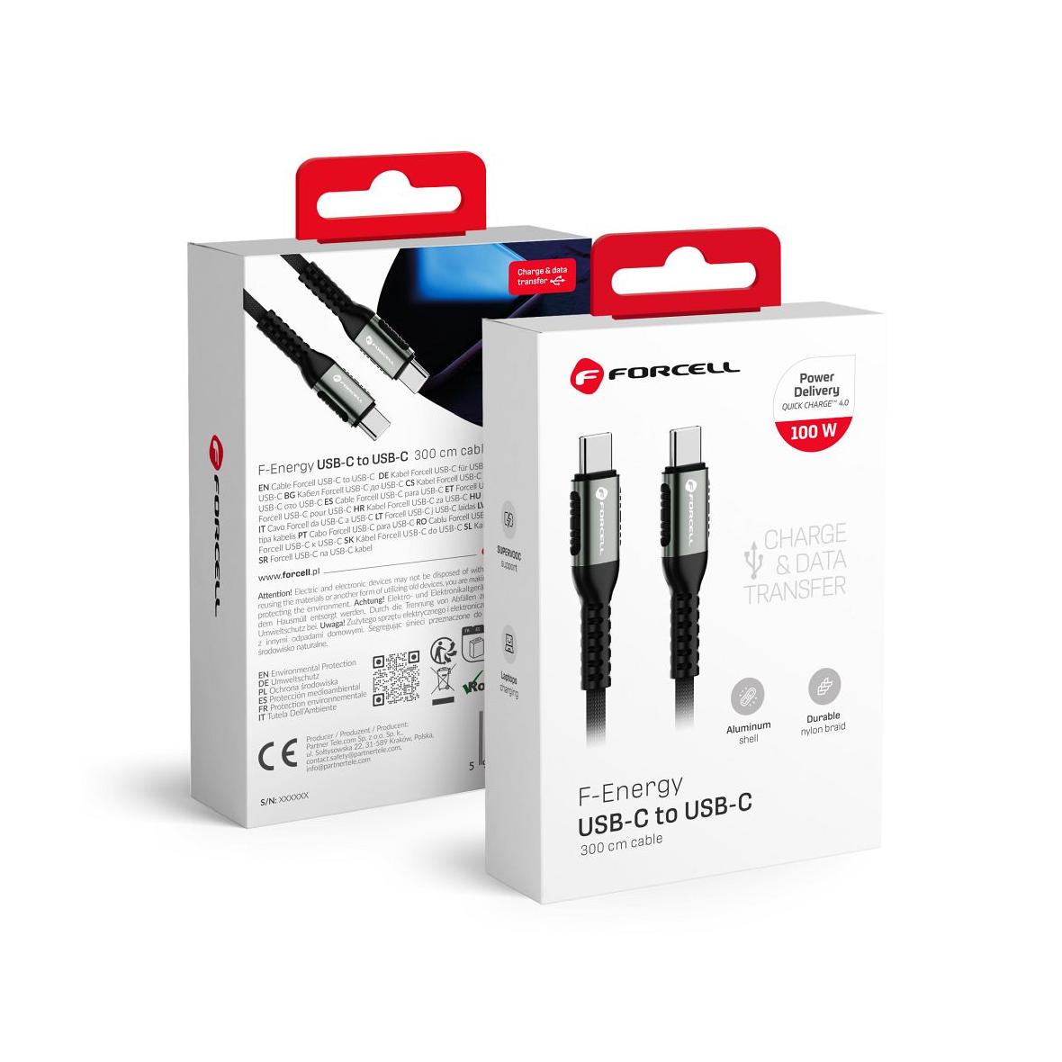 Kabel USB C do USB C Forcell F-Energy QC4.0 PD 5A 100W Cafule 3 m C260 czarny