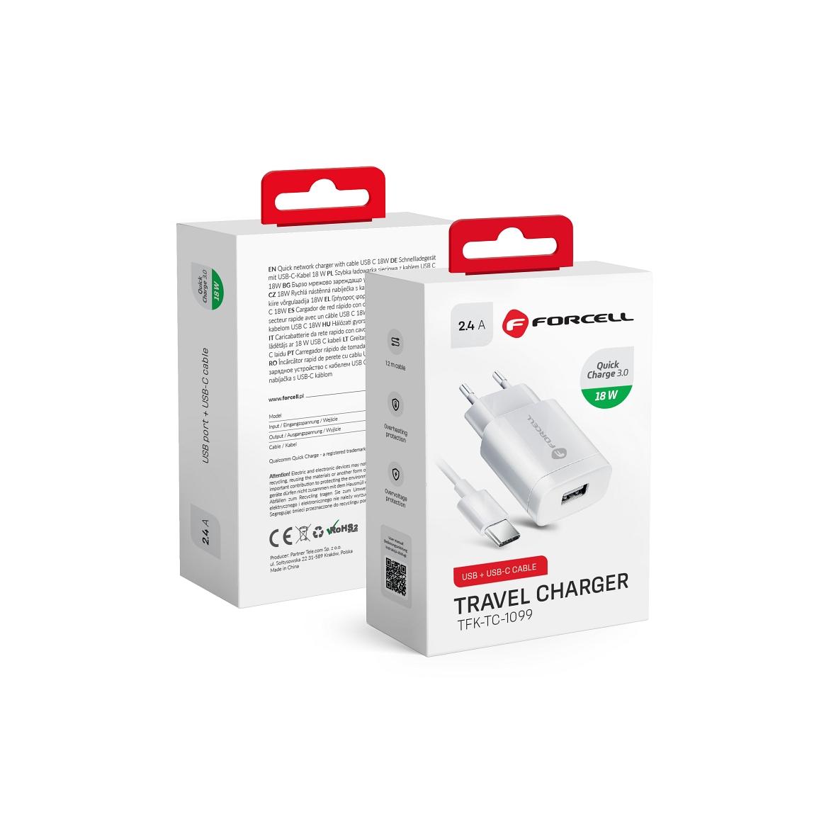 Ładowarka sieciowa do telefonu Forcell F-Energy USB A QC3.0 2,4A 18W + kabel USB A do USB C TFK-TC-1099 biała