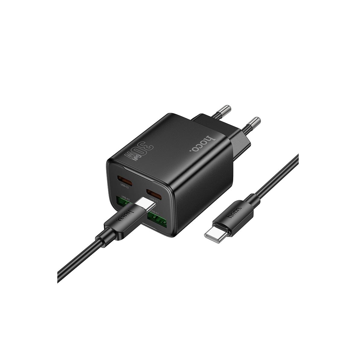 Ładowarka sieciowa do telefonu Hoco 2 x USB C + 2 x USB A QC3.0 PD 3A 30W + kabel USB C do USB C N56 czarna