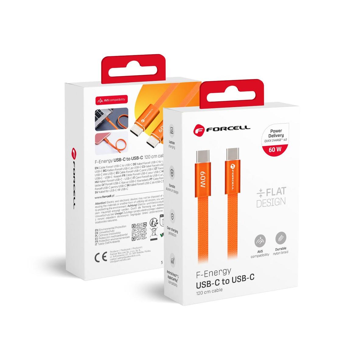 Kabel USB C do USB C Forcell F-Energy QC4.0 PD 3A 60W Cafule Flat 1,2 m CCFN23 pomarańczowy