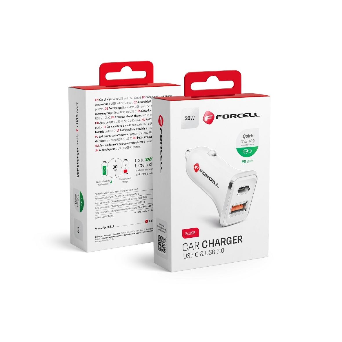 FORCELL ładowarka samochodowa USB 3.0 + USB C Quick Charging + Power Delivery PD20W 4A CC-QCPD01 biała