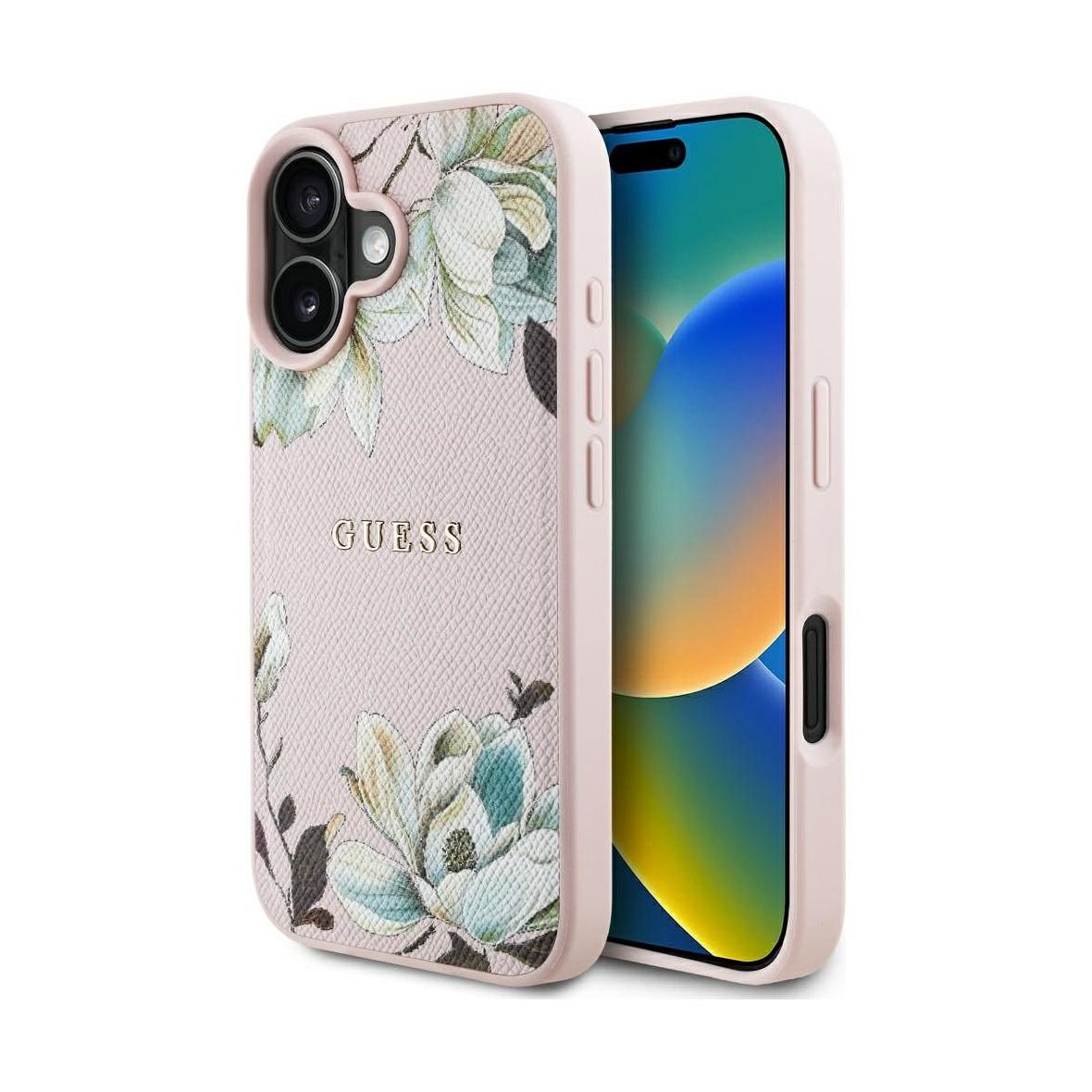 GUESS futerał do IPHONE 16 kompatybilny z MagSafe GUHMP16SPGNMPLMP (PU Grained Flowers Classic Logo) różowy