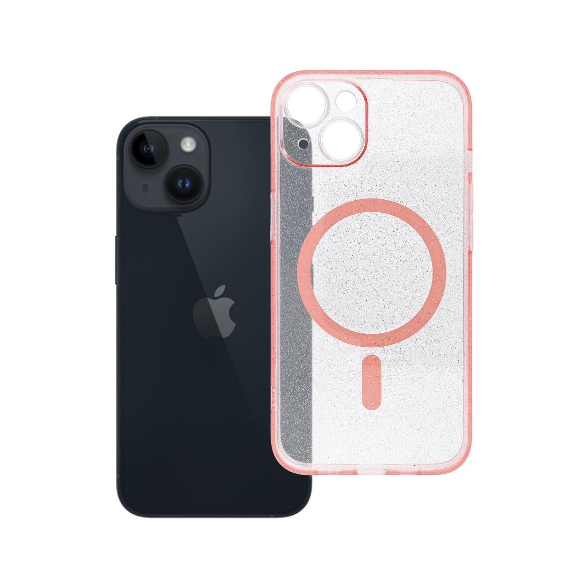 Futerał do iPhone 14 Clear Mag Cover (STR / CAMERA PROTECTION) zgodny z MagSafe różowy glitter