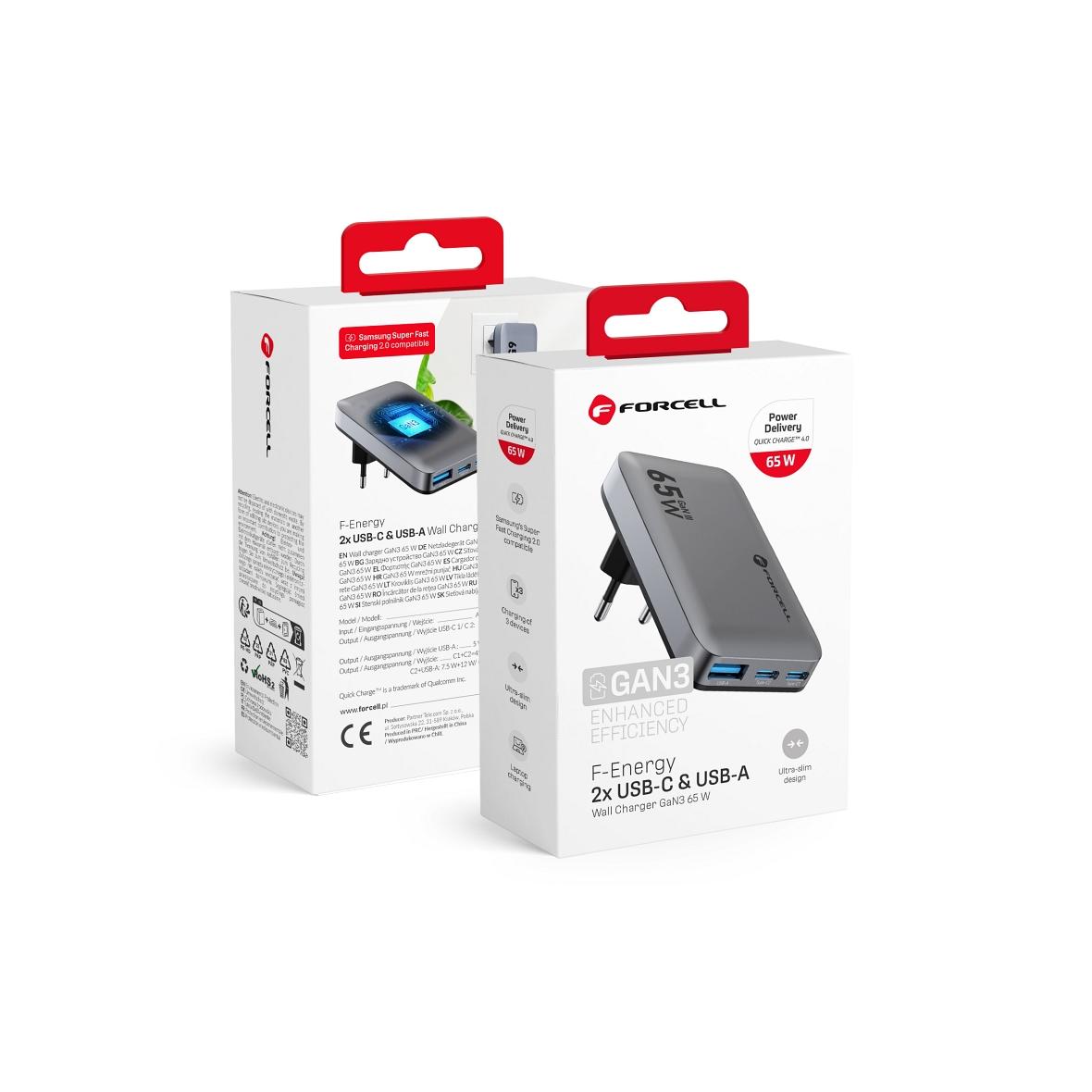 Ładowarka sieciowa do telefonu Forcell F-Energy Ultra Slim GaN III 2 x USB C + USB A QC4.0 PD 4A 65W VT-47 szara 0INT