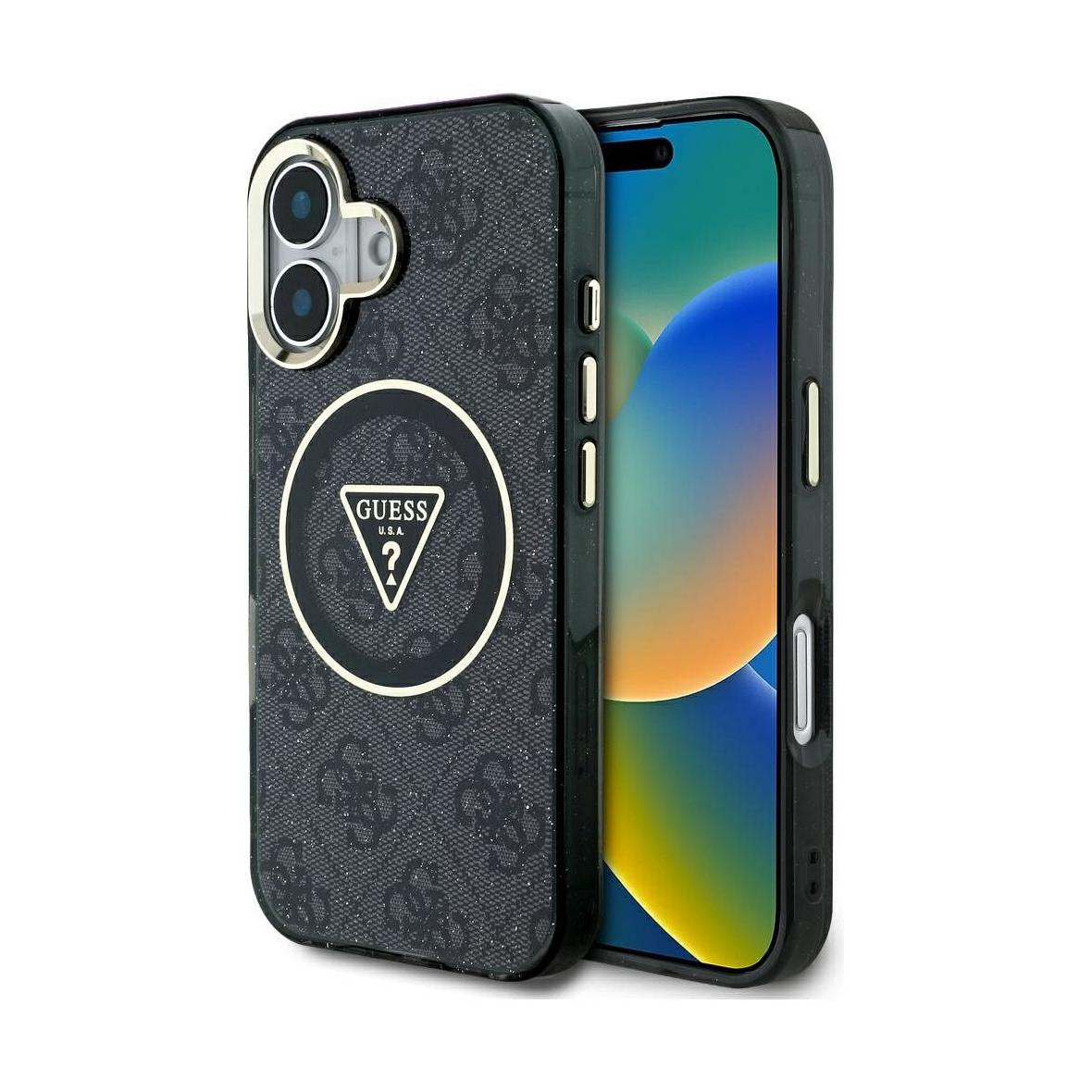 GUESS futerał do IPHONE 16 kompatybilny z MagSafe GUHMP16SHG4PRTGK (IML Metal Glitter 4G Circle Triangle) czarny