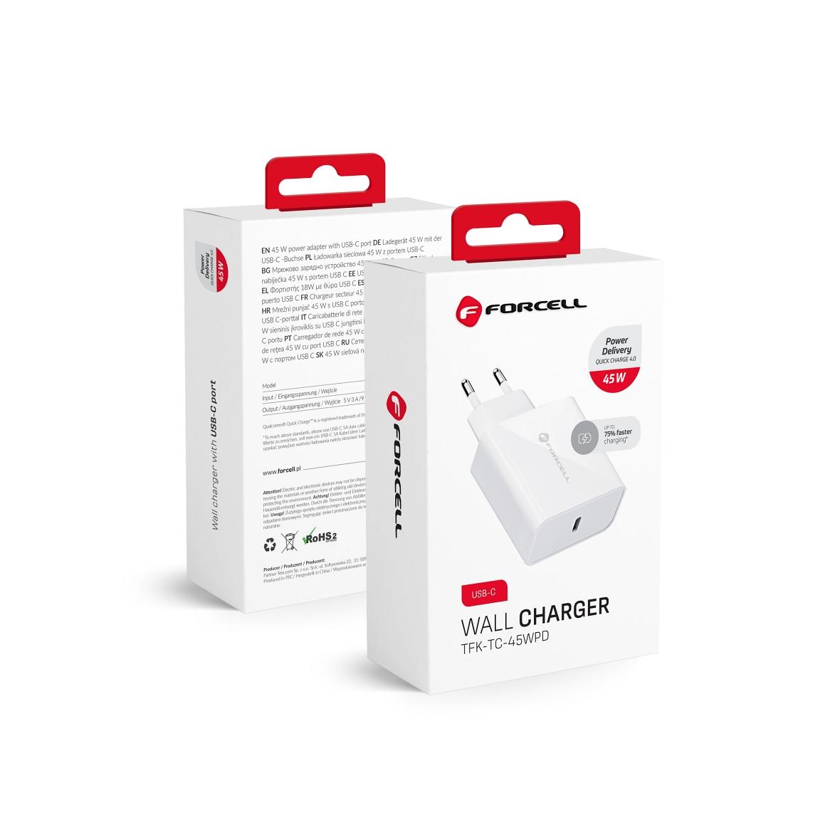 Ładowarka sieciowa do telefonu Forcell F-Energy USB C QC4.0 PD 3A 45W TFK-TC-45WPD biała