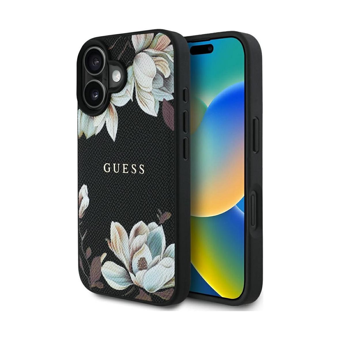 GUESS futerał do IPHONE 16 kompatybilny z MagSafe GUHMP16SPGNMPLMK (PU Grained Flowers Classic Logo) czarny