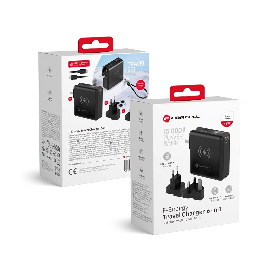 Wielofunkcyjna ładowarka Forcell F-Energy 6w1 USB A + USB C PD 45W + power bank 15000 mAh + ładowanie bezprzewodowe 15W czarna