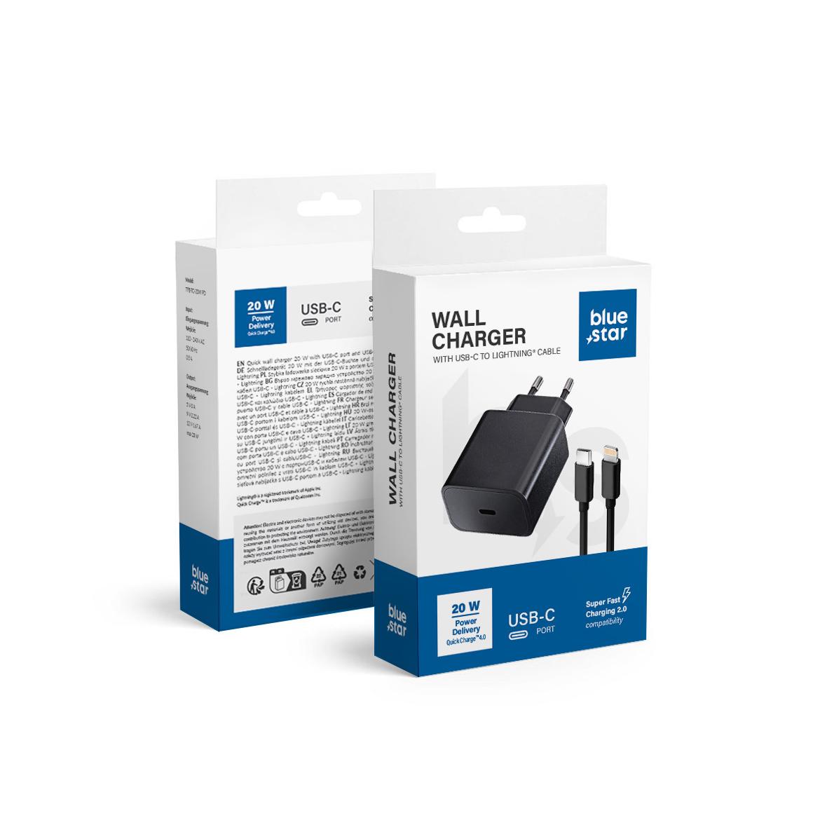 Ładowarka sieciowa do telefonu Blue Star USB C QC4.0 PD 3A 20W + kabel USB C do Lightning TFB-TC-20WPD czarna