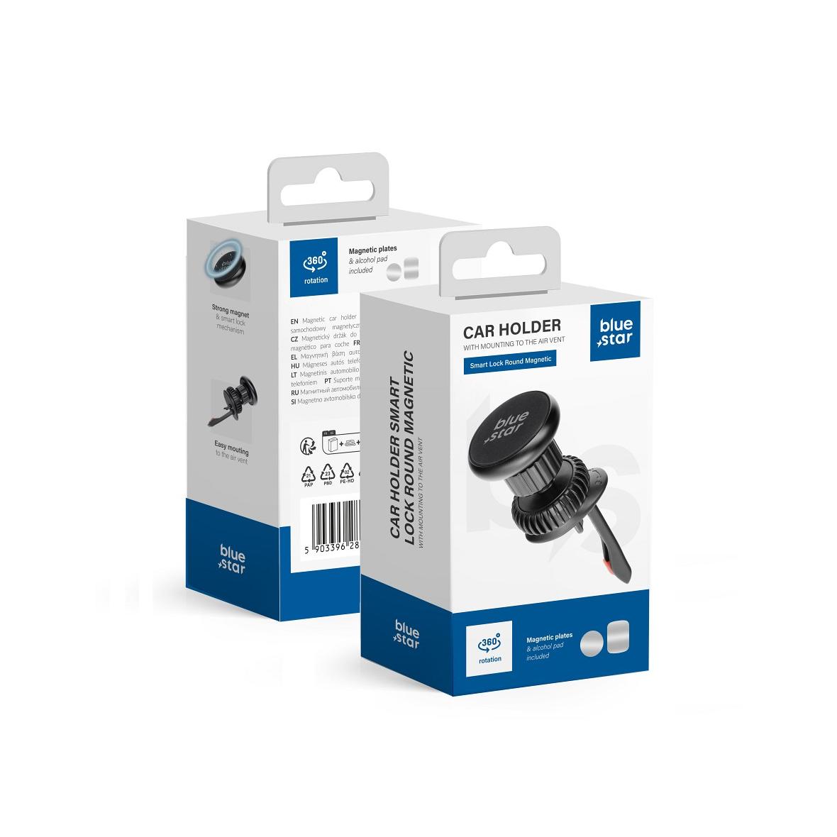 Uchwyt na telefon do samochodu magnetyczny Blue Star Smart Lock Round Magnetic do kratki czarny