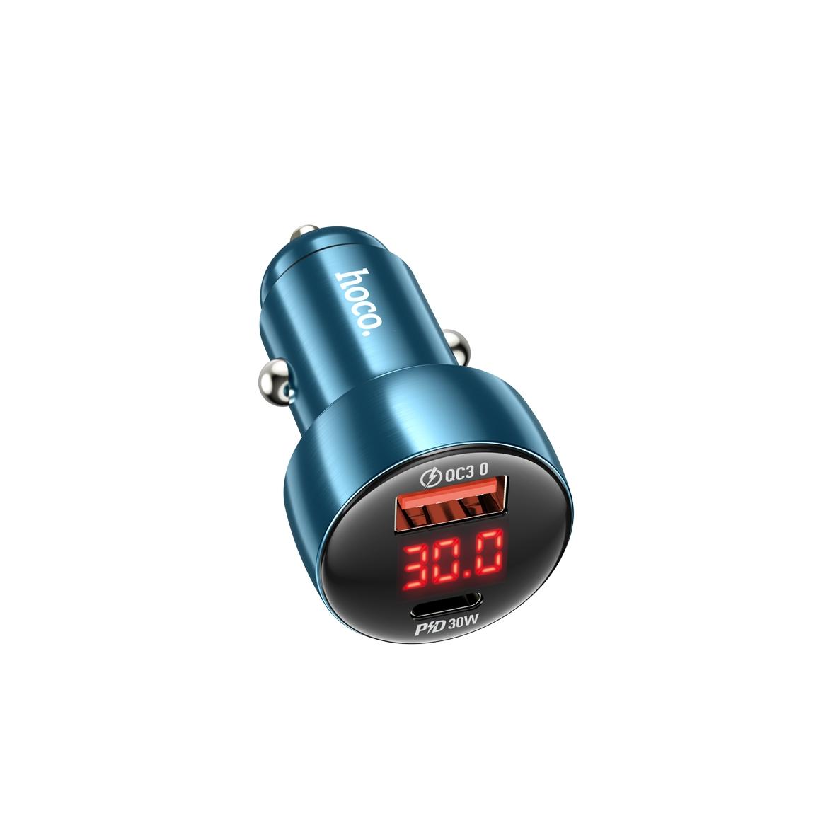 Ładowarka samochodowa Hoco USB A + USB C QC3.0 PD 3A 48W z wyświetlaczem Z50 niebieska