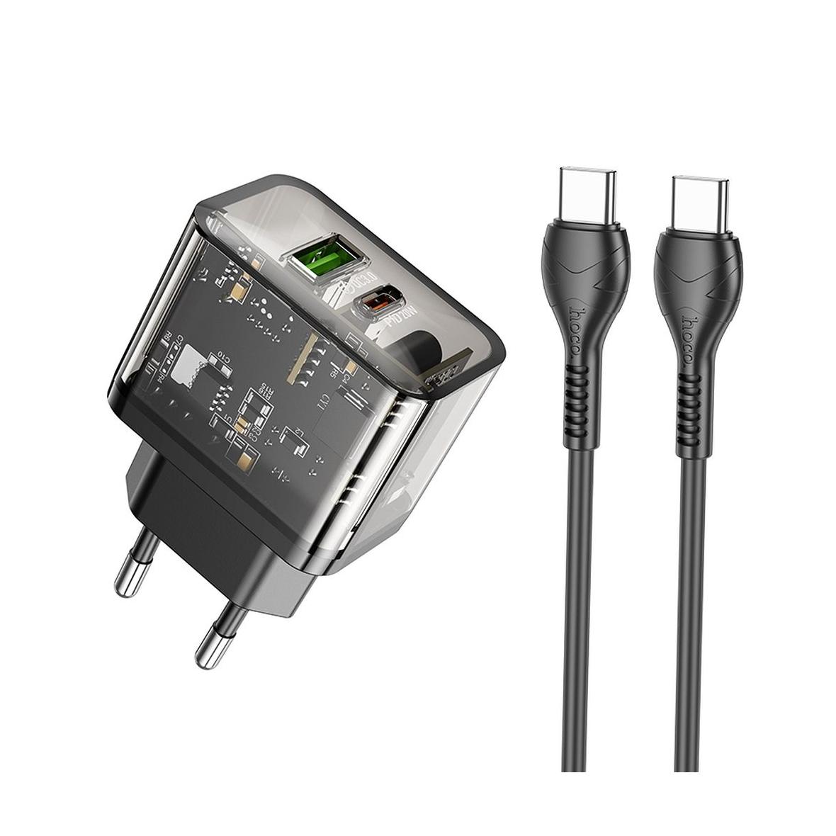 Ładowarka sieciowa do telefonu Hoco USB A + USB C QC3.0 PD 3A 20W + kabel USB C do USB C N34 transparentna