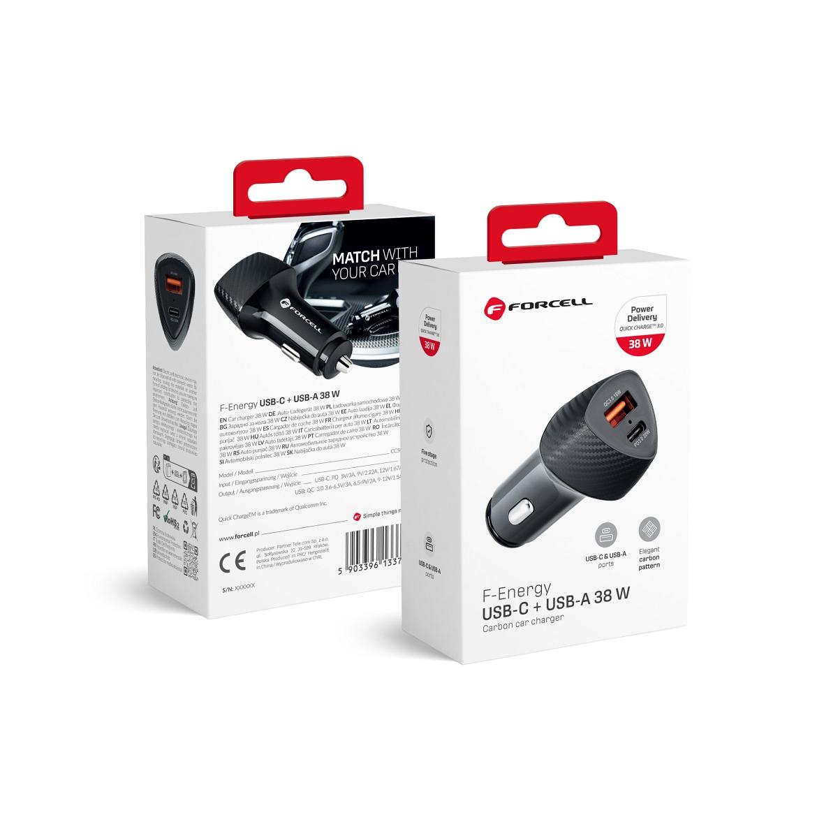 Ładowarka samochodowa Forcell F-Energy Carbon USB C + USB A QC3.0 PD 3A 38W CC50-1A1C czarna