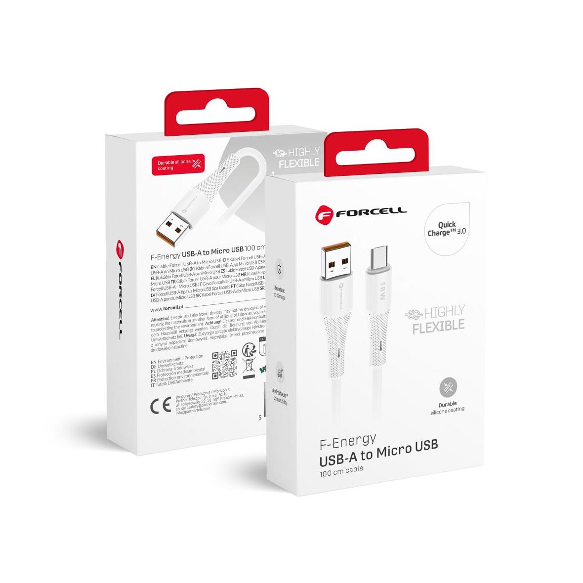 Kabel USB A do Micro USB Forcell F-Energy QC3.0 2,4A 18W Silicone 1 m C341 biały