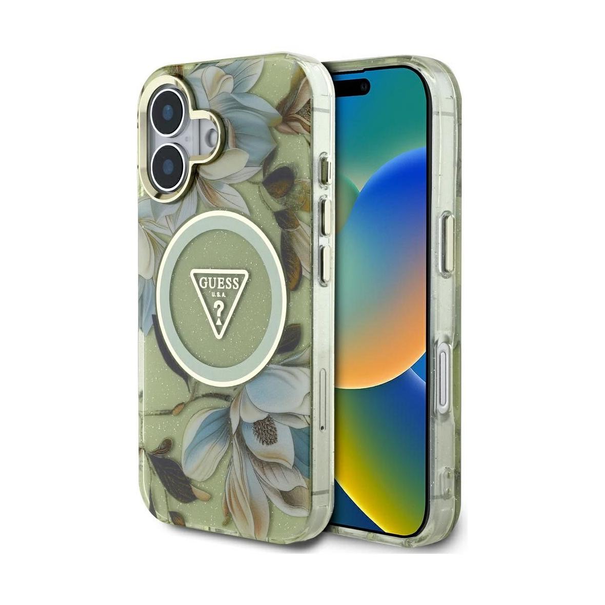 GUESS futerał do IPHONE 16 kompatybyliny z MagSafe GUHMP16SHFLPEDN (IML Metal Glitter Flowers Triangle) zielony