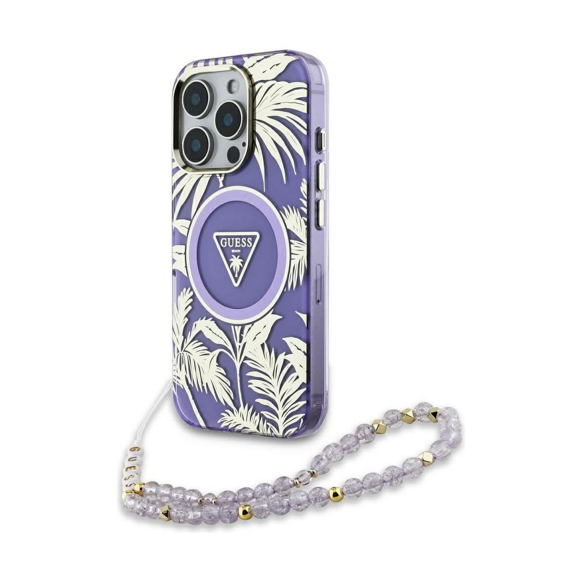 GUESS futerał do IPHONE 16 Pro kompatybilny z MagSafe GUHMP16LHPCTPLSU (IML Palm Trees Triangle W/ Pearl Strap) fioletowy