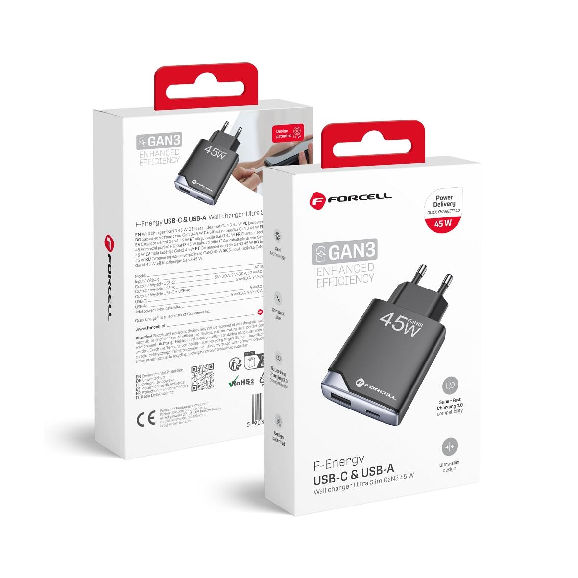 Ładowarka sieciowa do telefonu Forcell F-Energy Ultra Slim GaN III USB C + USB A PD QC4.0 3A 45W B245202(1A1C) czarna