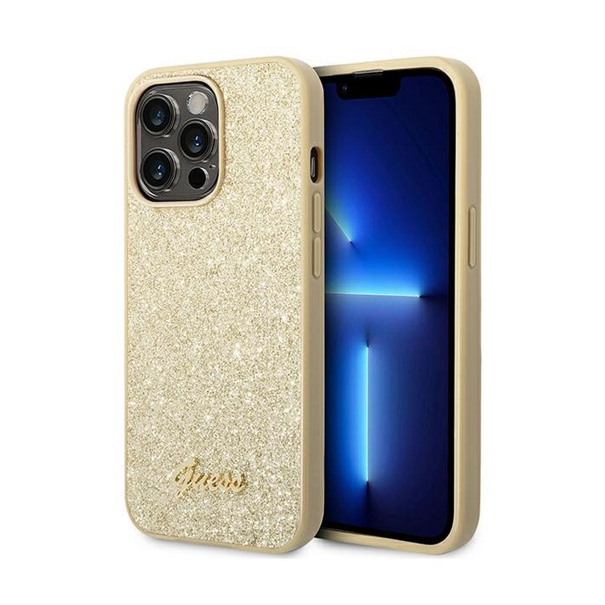 GUESS futerał do IPHONE 14 Pro Max GUHCP14XHGGSHD (Glitter Flakes Script Metal Logo) złoty