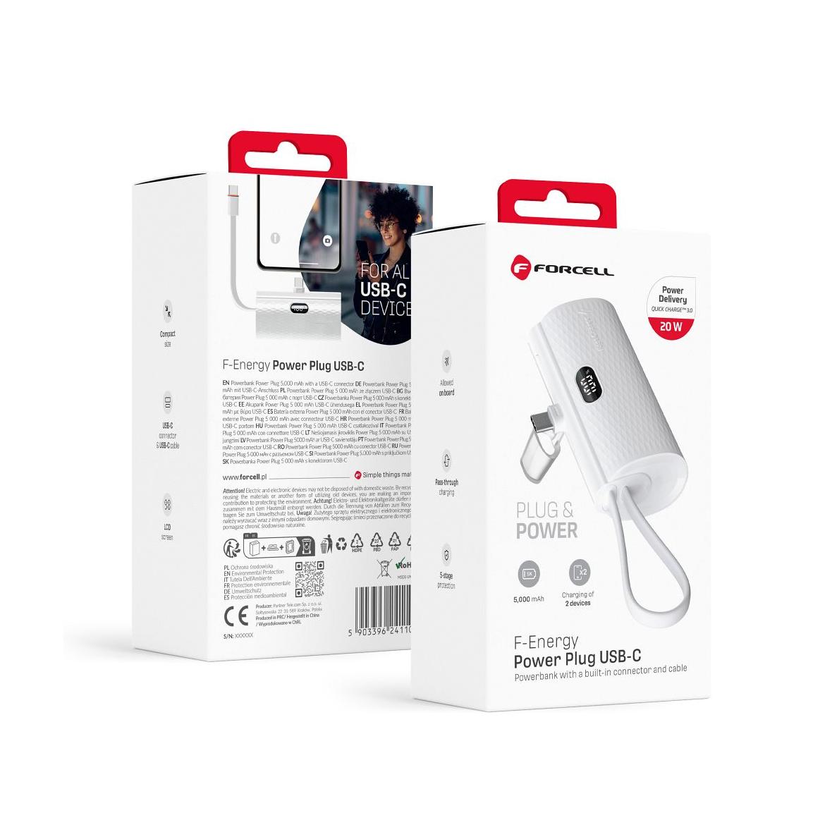 Powerbank Forcell F-Energy Power Plug F5K3 PD 20W 5000 mAh z wbudowanym złączem USB C biały