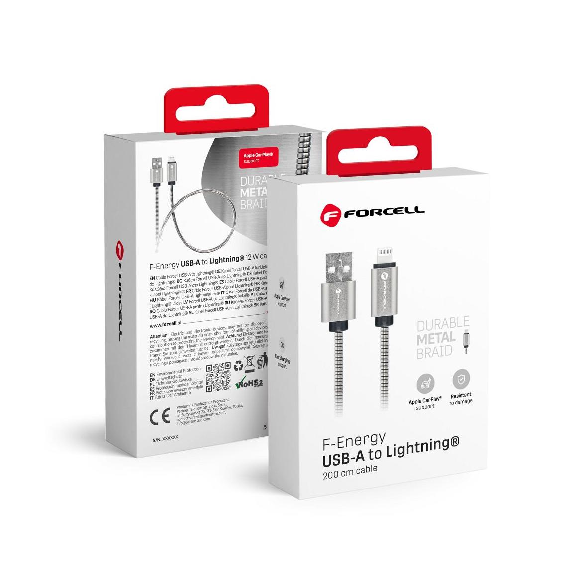 Kabel USB A do Lightning Forcell F-Energy 2,4A 12W Metal 2 m C236 srebrny